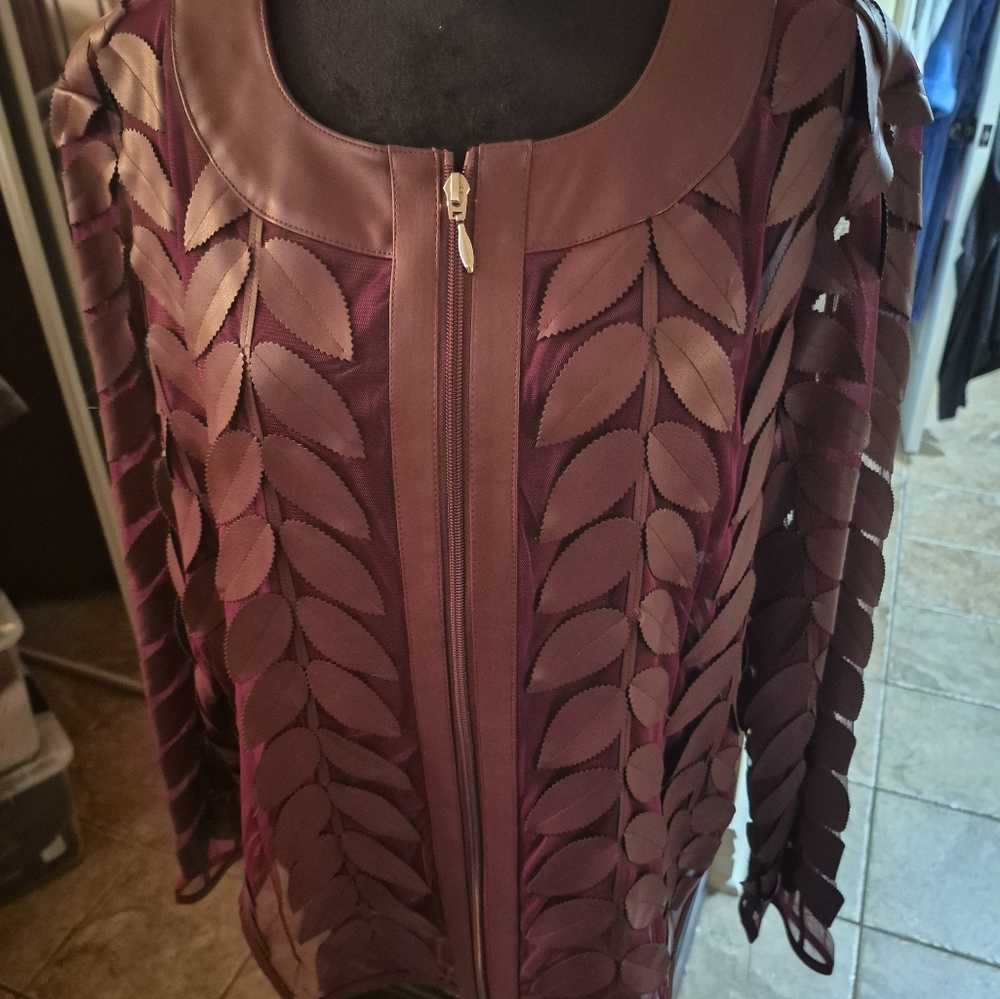 Women's Maroon Leaf-Patterned Jacket